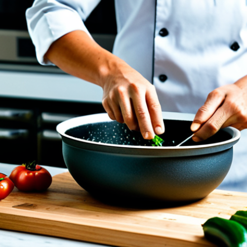 Home 4 A professional chef, fully clothed in modest, clean chef's attire, meticulously preparing a water-saving vegetable and lentil soup in a brightly lit, modern kitchen. The scene highlights sustainable cooking techniques, with fresh, water-rich vegetables like zucchini and tomatoes being chopped on a clean wooden board. A thick-bottomed pot with a tightly sealed lid simmers gently on a stove, emphasizing efficient cooking. The atmosphere is one of focused professionalism and eco-consciousness. Professional photography, high resolution, perfect anatomy, correct proportions, natural pose, well-formed hands, proper finger count, safe for work, appropriate content, fully clothed, modest.
