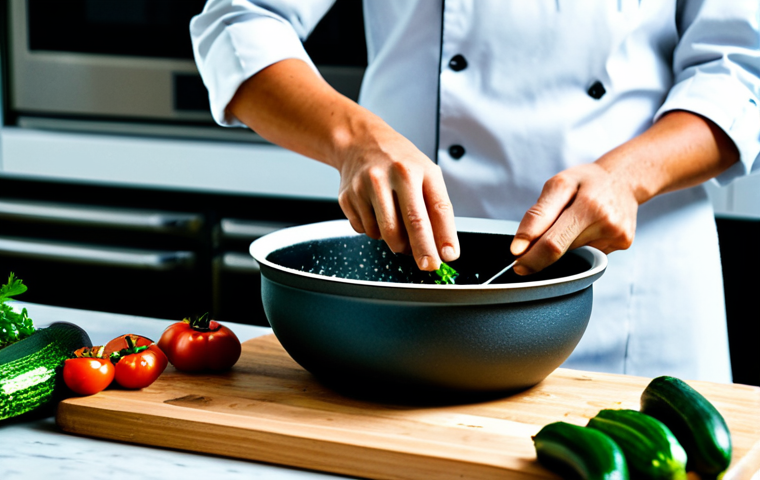 A professional chef, fully clothed in modest, clean chef's attire, meticulously preparing a water-saving vegetable and lentil soup in a brightly lit, modern kitchen. The scene highlights sustainable cooking techniques, with fresh, water-rich vegetables like zucchini and tomatoes being chopped on a clean wooden board. A thick-bottomed pot with a tightly sealed lid simmers gently on a stove, emphasizing efficient cooking. The atmosphere is one of focused professionalism and eco-consciousness. Professional photography, high resolution, perfect anatomy, correct proportions, natural pose, well-formed hands, proper finger count, safe for work, appropriate content, fully clothed, modest.