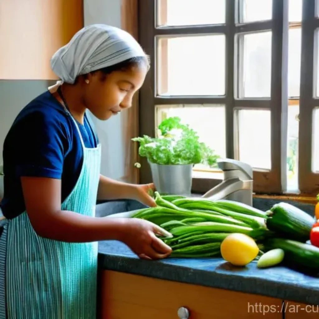 물 절약을 위한 전통 요리법 - **Prompt:** A warm, inviting kitchen scene depicting an elderly woman with kind eyes and a gentle sm...