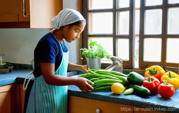 물 절약을 위한 전통 요리법 - **Prompt:** A warm, inviting kitchen scene depicting an elderly woman with kind eyes and a gentle sm...