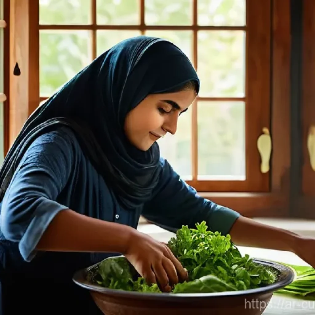 물 절약을 위한 채소 손질법 - **Prompt:** A serene and inviting indoor scene of an Arab mother, in her late 30s or early 40s, with...