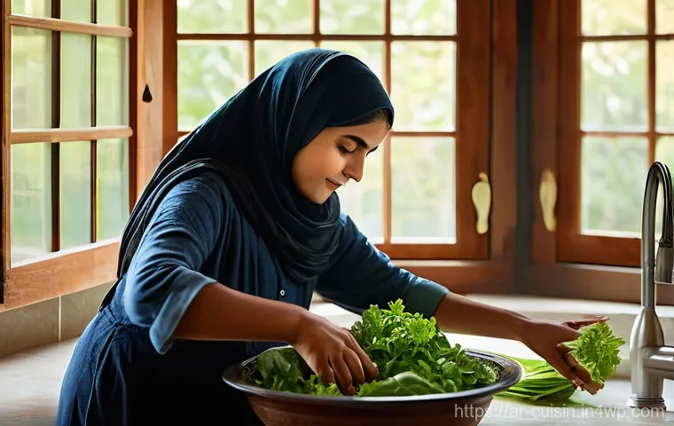 물 절약을 위한 채소 손질법 - **Prompt:** A serene and inviting indoor scene of an Arab mother, in her late 30s or early 40s, with...