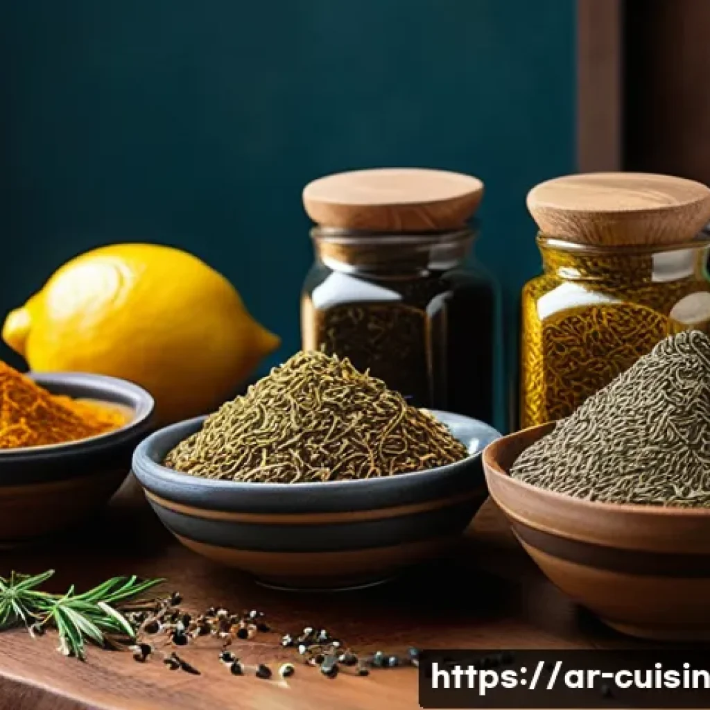 물 절약을 위한 마리네이드 레시피 - A vibrant kitchen scene featuring traditional Middle Eastern spices and herbs displayed in small gla...