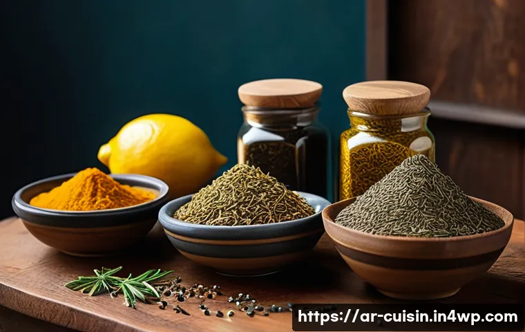 물 절약을 위한 마리네이드 레시피 - A vibrant kitchen scene featuring traditional Middle Eastern spices and herbs displayed in small gla...