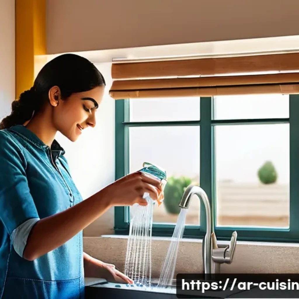 물 절약을 위한 주의해야 할 점 - A modern Arab household kitchen scene showing a young adult woman installing a water-saving faucet a...