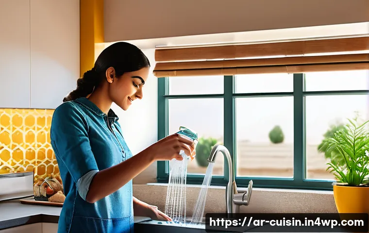 물 절약을 위한 주의해야 할 점 - A modern Arab household kitchen scene showing a young adult woman installing a water-saving faucet a...