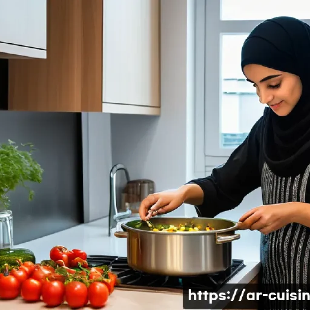 물 절약을 고려한 국물 요리 - A modern kitchen scene showcasing a Middle Eastern woman using a stainless steel steam cooker to pre...