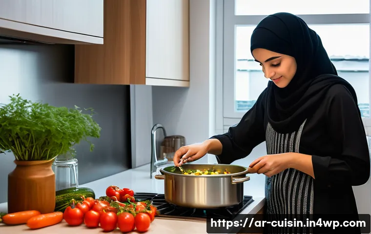 물 절약을 고려한 국물 요리 - A modern kitchen scene showcasing a Middle Eastern woman using a stainless steel steam cooker to pre...