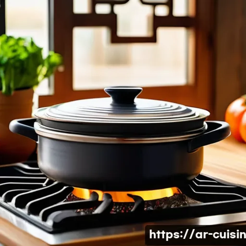 물 절약을 위해 알아야 할 조리법 - A modern Middle Eastern kitchen scene featuring a traditional pot with a perfectly fitting lid simme...
