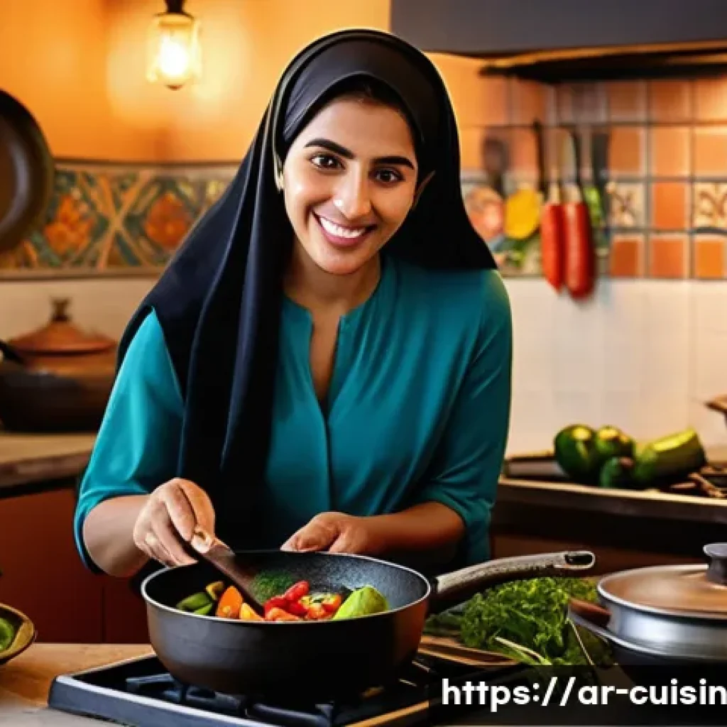 저수분 조리를 위한 비법 - A vibrant kitchen scene featuring a Middle Eastern woman in modest, culturally appropriate attire co...