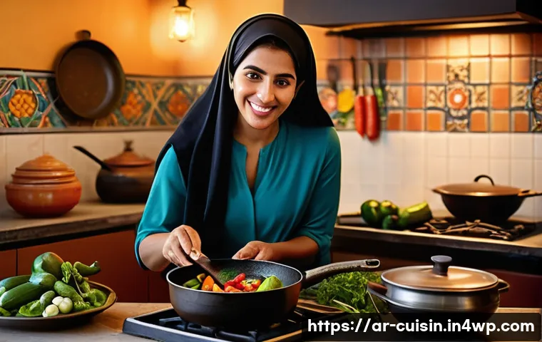 저수분 조리를 위한 비법 - A vibrant kitchen scene featuring a Middle Eastern woman in modest, culturally appropriate attire co...