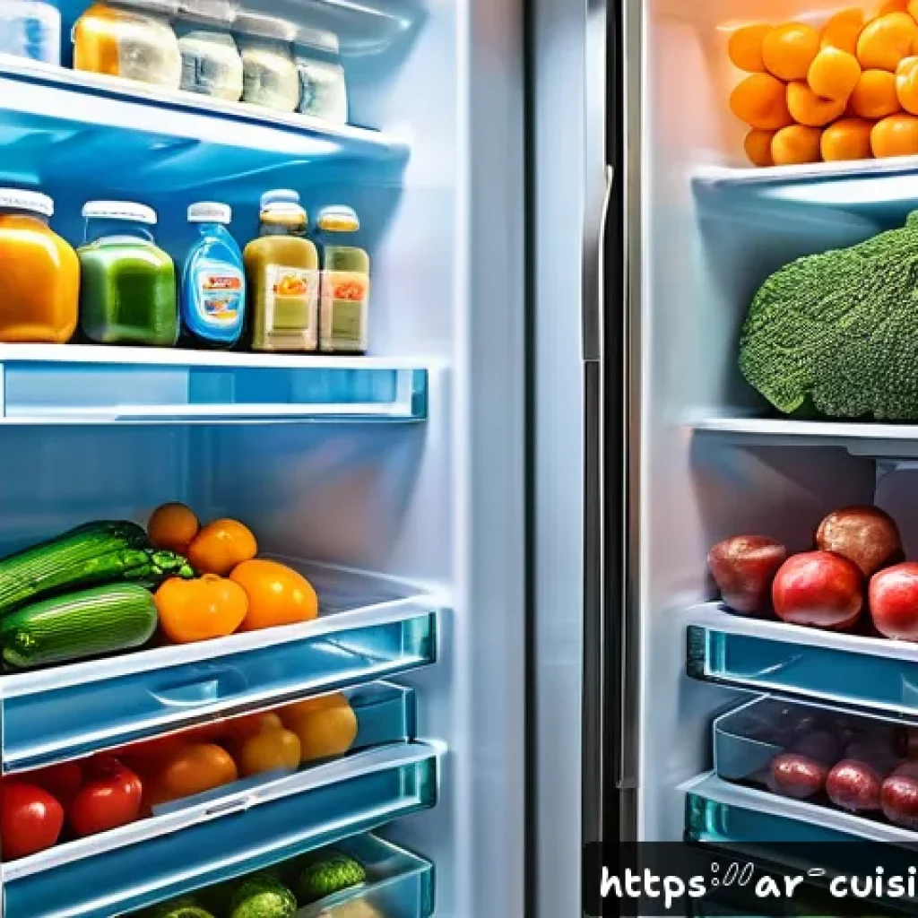 물 절약을 위한 효율적인 냉장 보관법 - A modern refrigerator interior organized with transparent plastic containers neatly holding fresh ve...