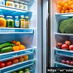 Home 22 물 절약을 위한 효율적인 냉장 보관법 - A modern refrigerator interior organized with transparent plastic containers neatly holding fresh ve...