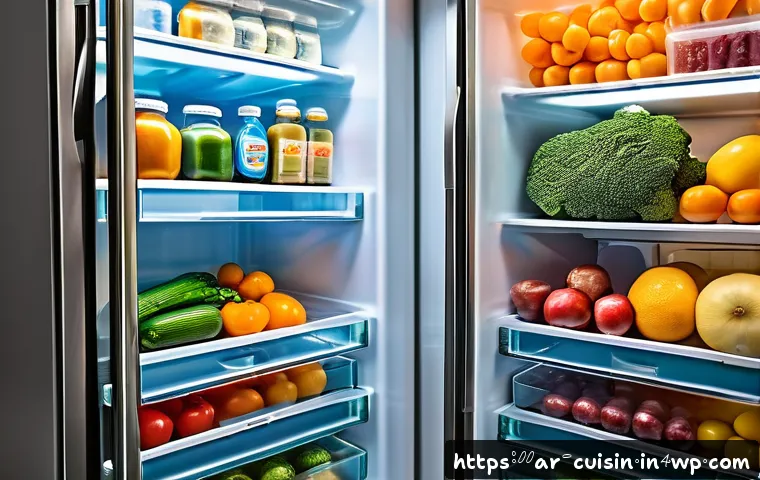 물 절약을 위한 효율적인 냉장 보관법 - A modern refrigerator interior organized with transparent plastic containers neatly holding fresh ve...