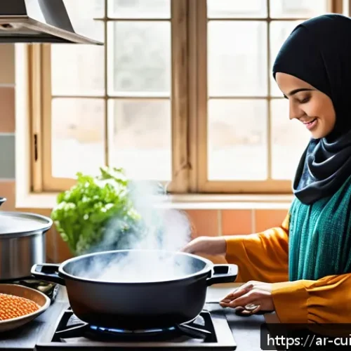 Home 33 물 절약을 위한 요리 커뮤니티 활용법 - A modern Middle Eastern kitchen scene with a woman wearing a modest long-sleeve dress and hijab, usi...