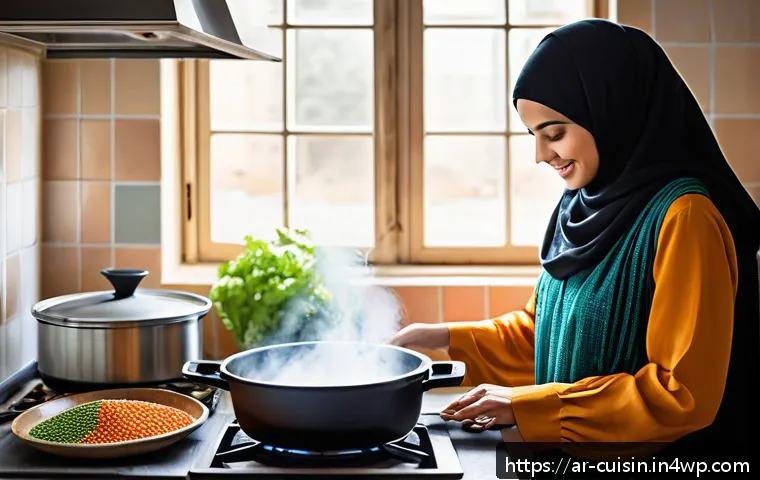 물 절약을 위한 요리 커뮤니티 활용법 - A modern Middle Eastern kitchen scene with a woman wearing a modest long-sleeve dress and hijab, usi...