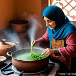 Home 20 겨울철 물 절약을 위한 조리법 - A warm, traditional Arab kitchen scene during winter, showing a middle-aged woman wearing modest, co...