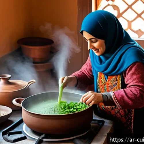 Home 32 겨울철 물 절약을 위한 조리법 - A warm, traditional Arab kitchen scene during winter, showing a middle-aged woman wearing modest, co...
