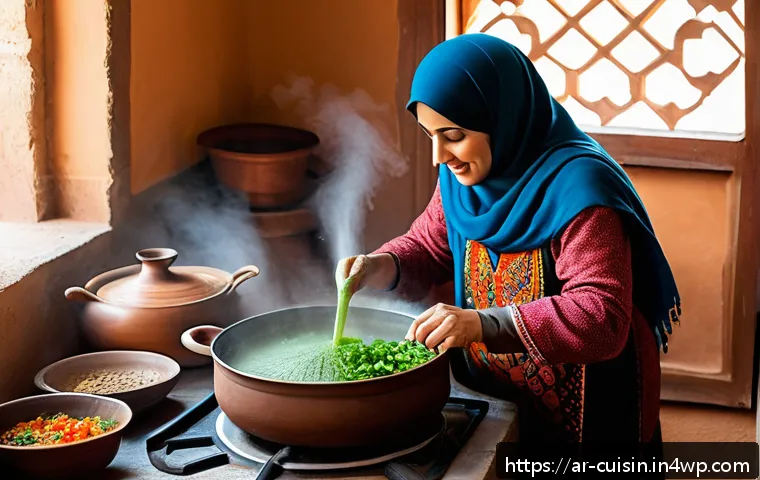 겨울철 물 절약을 위한 조리법 - A warm, traditional Arab kitchen scene during winter, showing a middle-aged woman wearing modest, co...