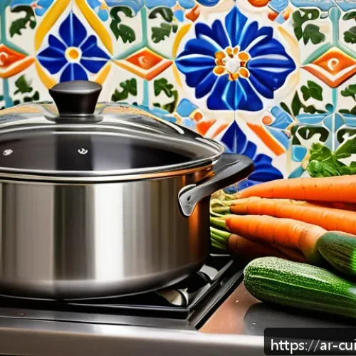 Home 30 영양가 높은 물 절약 요리법 - A vibrant Middle Eastern kitchen scene showing a traditional multi-layered steamer pot gently steami...