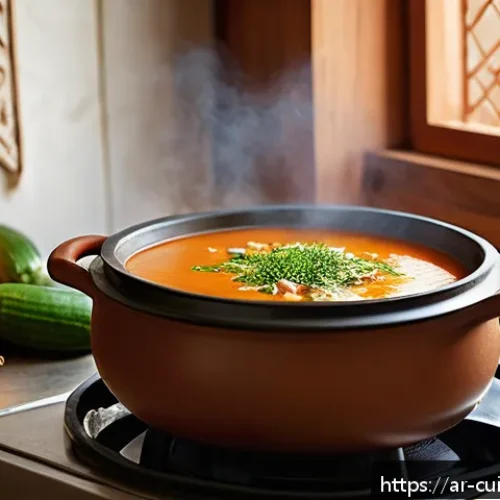 Home 17 물 절약을 위한 수프의 다양한 종류 - A vibrant Middle Eastern kitchen scene featuring a traditional clay pot on a modern stove, cooking a...
