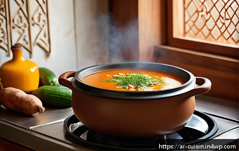물 절약을 위한 수프의 다양한 종류 - A vibrant Middle Eastern kitchen scene featuring a traditional clay pot on a modern stove, cooking a...