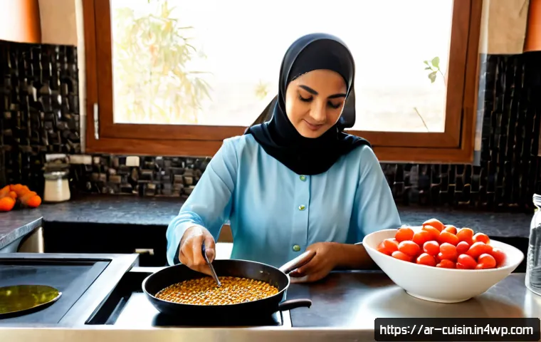 Home 30 조리 시 물 절약을 위한 조리법 - Photorealistic Middle Eastern home kitchen, an Arab woman in modest long-sleeved clothing preparing ...