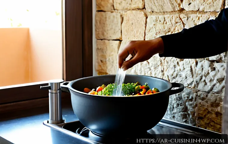 Home 17 물 절약을 위한 유럽식 조리법 - Photorealistic modern kitchen in an Arab family home, a cook preparing a European-style one-pot vege...