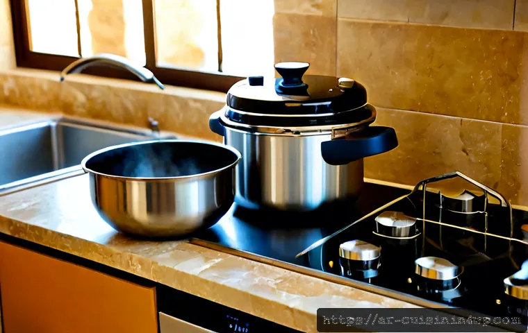 물 절약을 위한 조리도구 추천 - Photorealistic modern Arab family kitchen, a stainless steel pressure cooker and stackable steamer b...